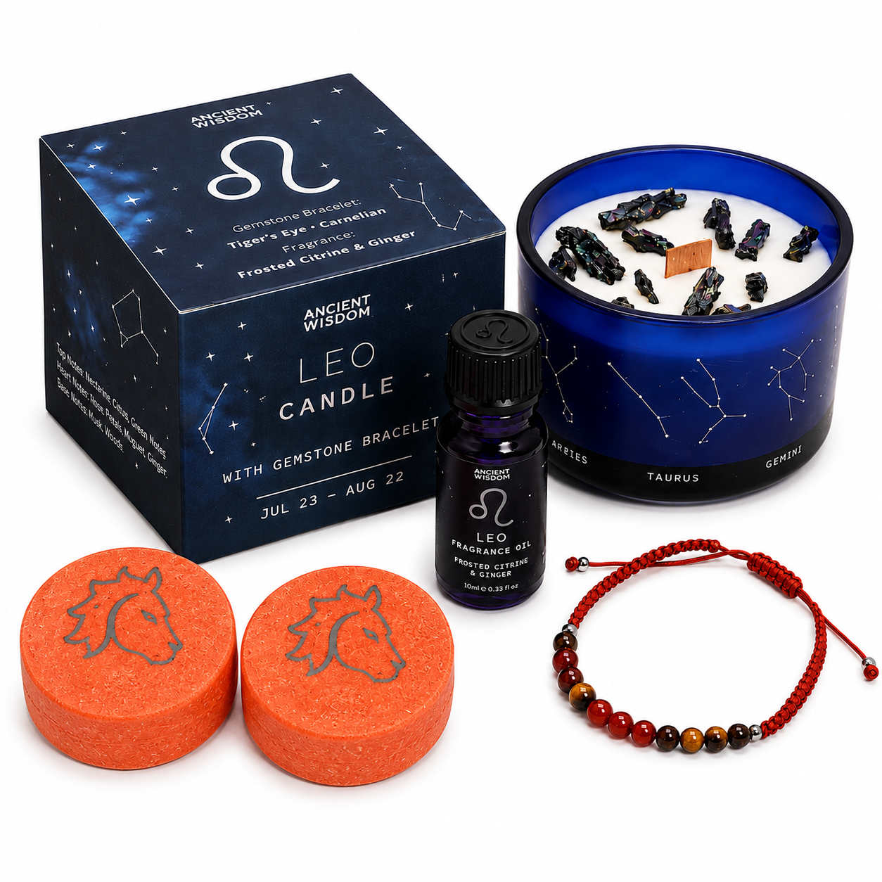 Leo Zodiac Gift Set | Candle, Bath Fizzers, Fragrance Oil & Bracelet