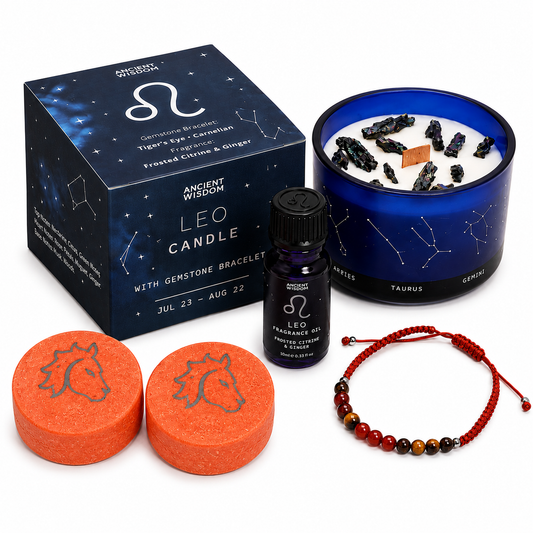 Leo Zodiac Gift Set | Candle, Bath Fizzers, Fragrance Oil & Bracelet