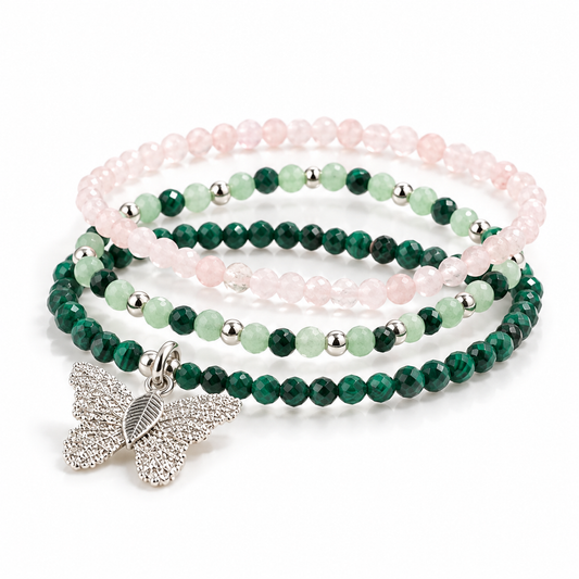 Malachite Crystal Bracelet Set with Rose Quartz & Aventurine