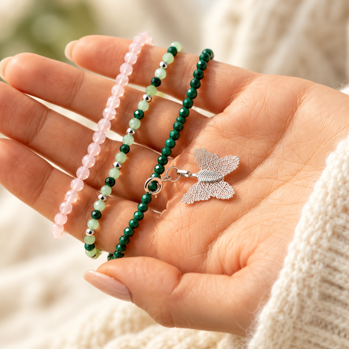 Malachite Crystal Bracelet Set with Rose Quartz & Aventurine