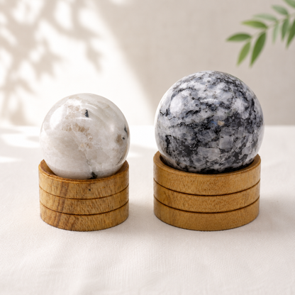 Indian Moonstone Crystal Sphere with Wooden Stand