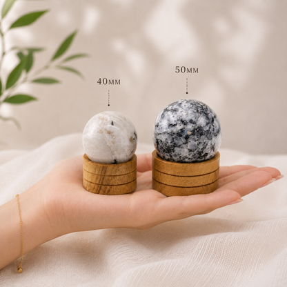 Indian Moonstone Crystal Sphere with Wooden Stand