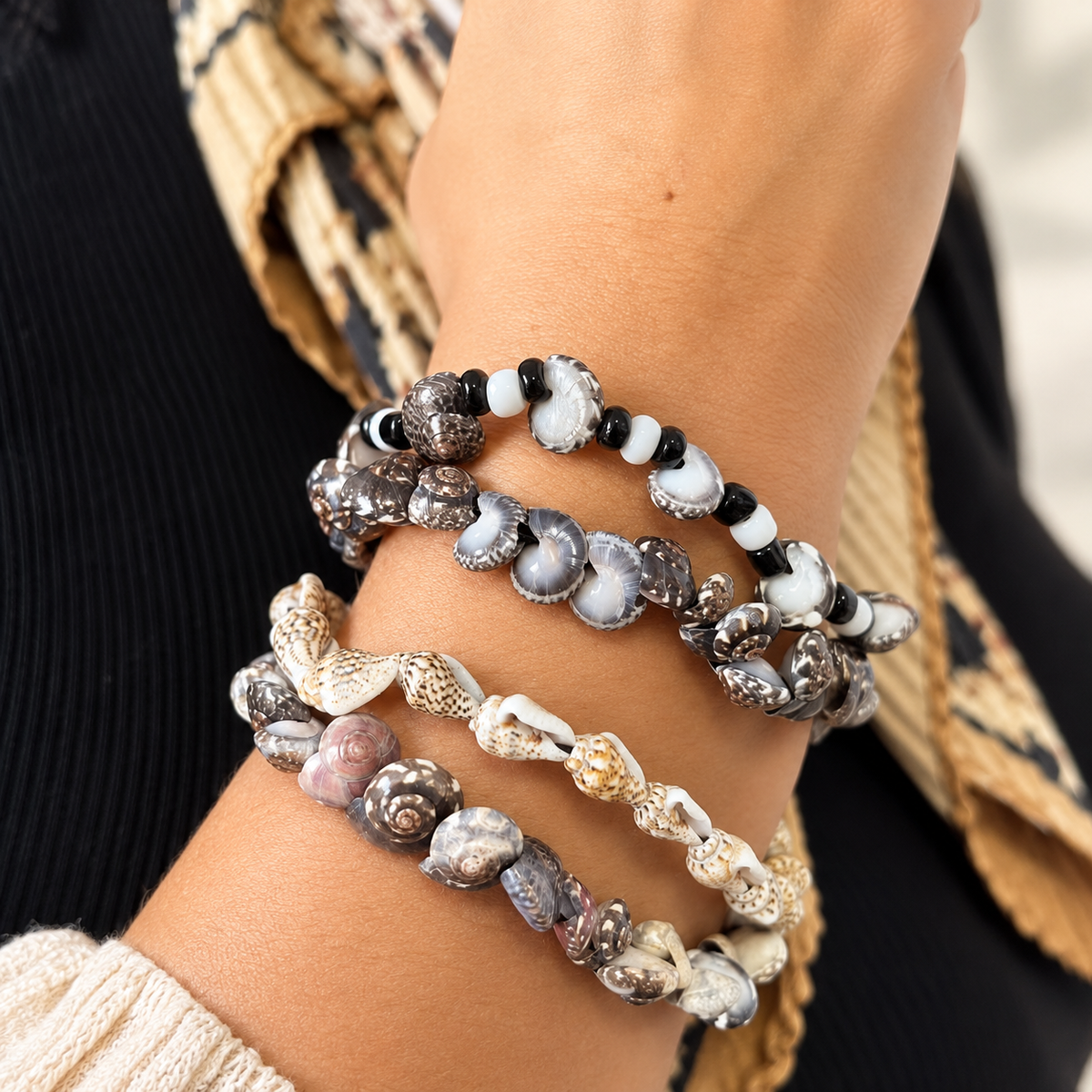 Natural Seashell Bracelet Set | 4-Piece Boho Stack