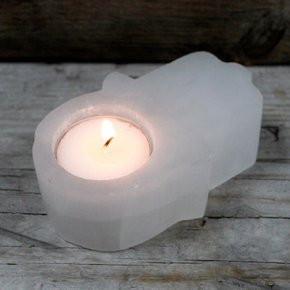 Selenite Hamsa Tealight Candle Holder - Crystal Nest