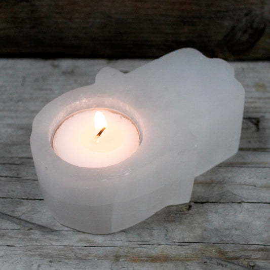 Selenite Hamsa Tealight Candle Holder