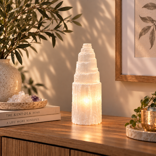 Natural Selenite Tower Lamp | Large 25cm