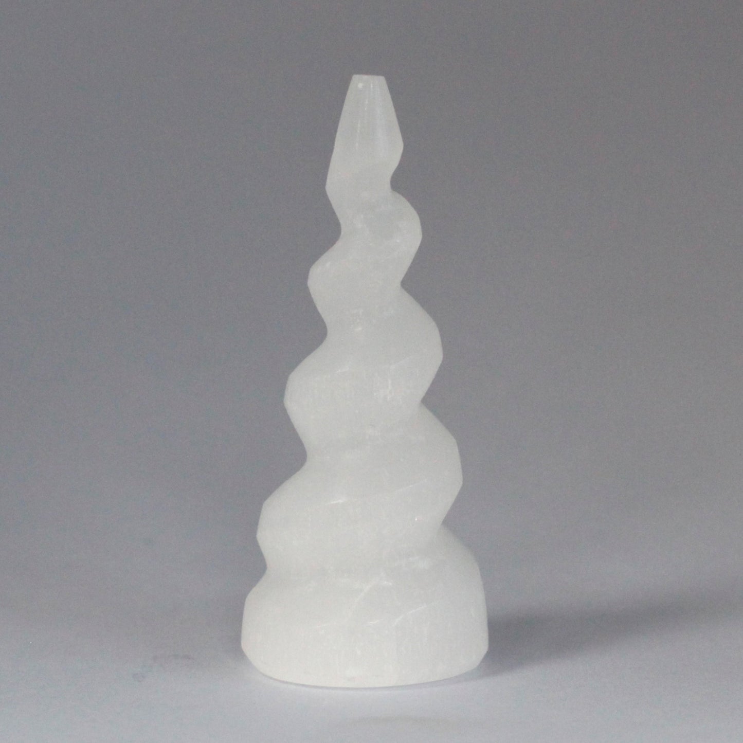 Selenite Spiral Unicorn Horn Tower 10cm