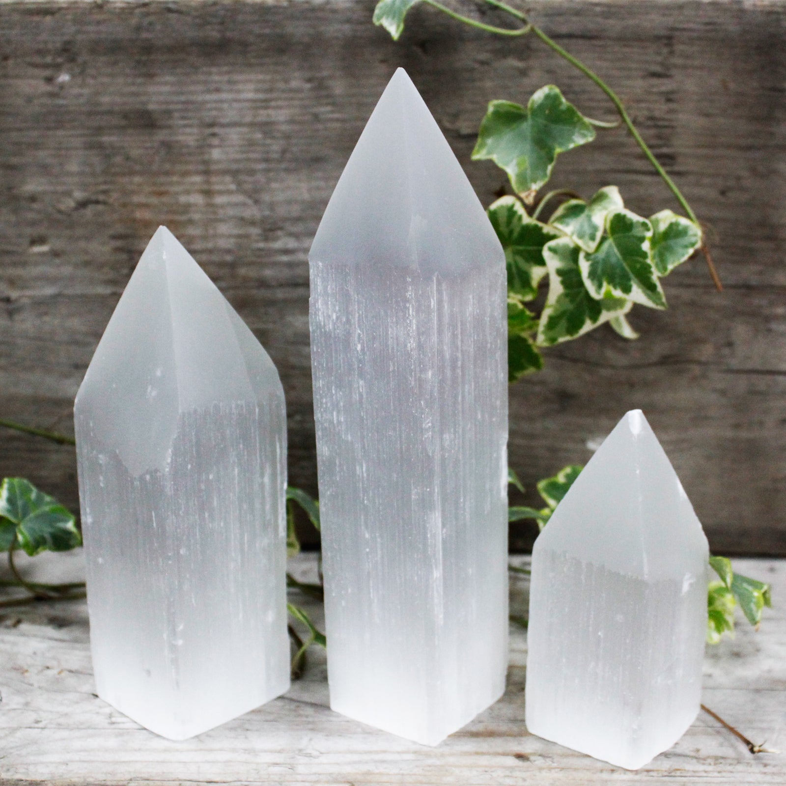 Selenite Pencil Point Tower 15cm - Crystal Nest