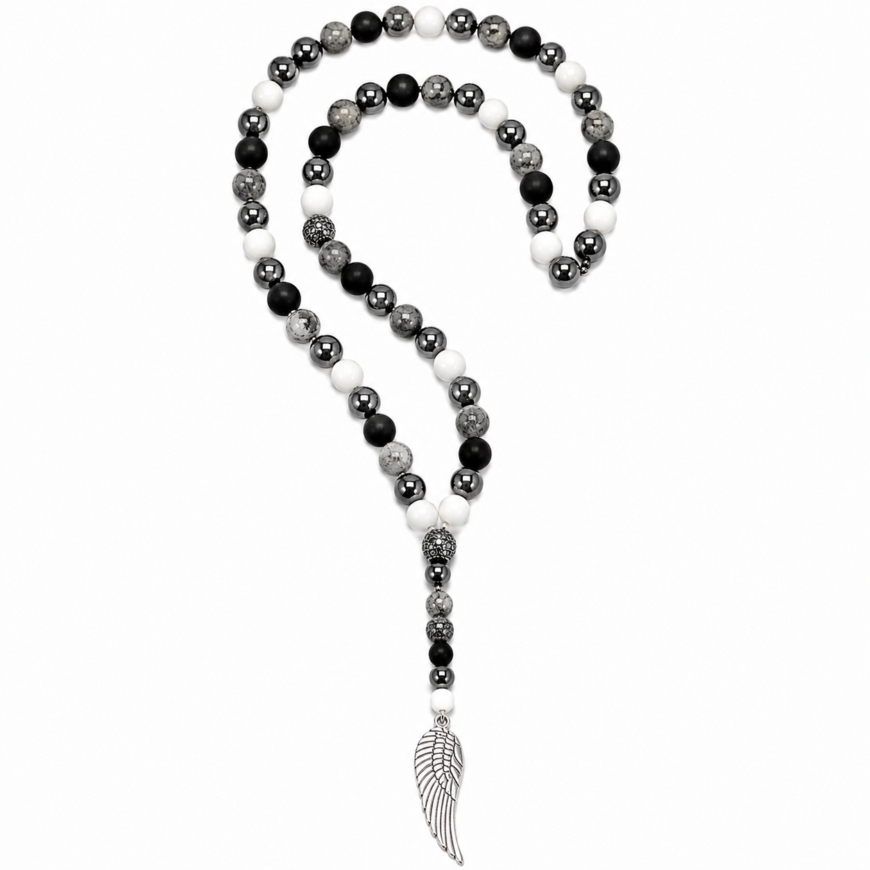 Silver Angel Wing & Grey Agate Necklace | Protection & Balance