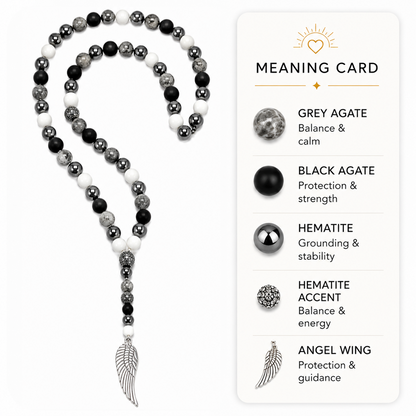 Silver Angel Wing & Grey Agate Necklace | Protection & Balance
