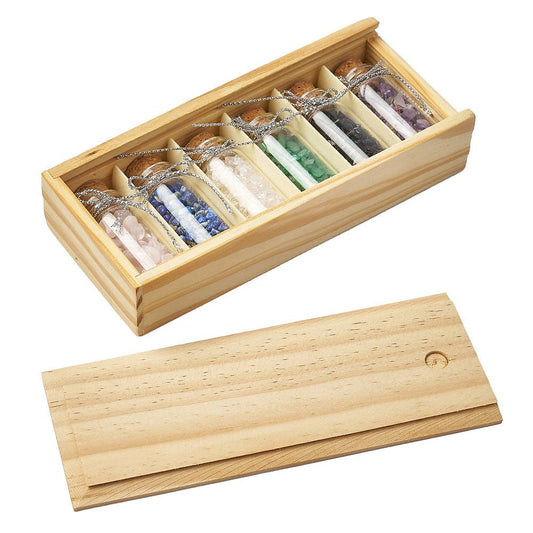 Gemstone Bottle Collection | Set of 6 Crystal Chip Vials in Wooden Box - Crystal Nest