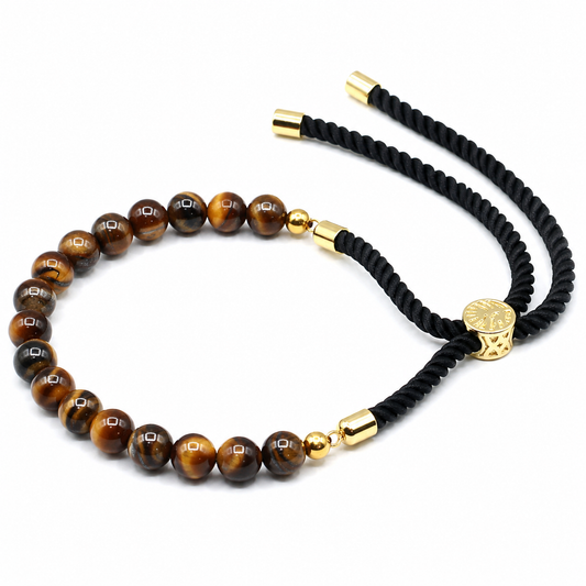 Tiger Eye Gemstone String Bracelet | Black Cord & 18K Gold Plated