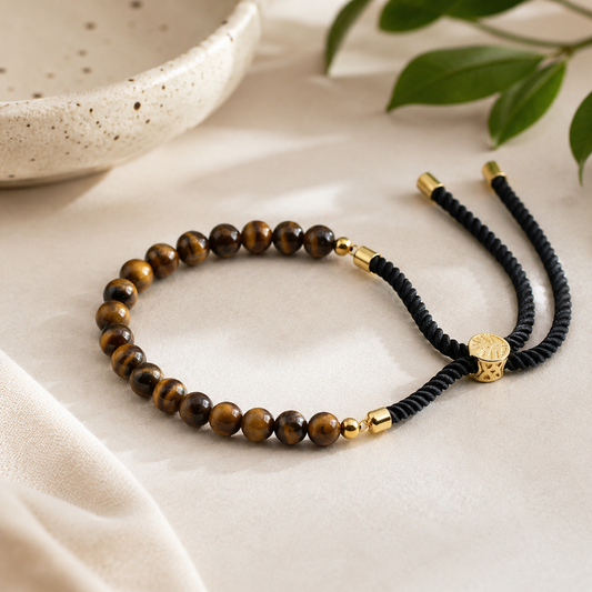 Tiger Eye Gemstone String Bracelet | Black Cord & 18K Gold Plated