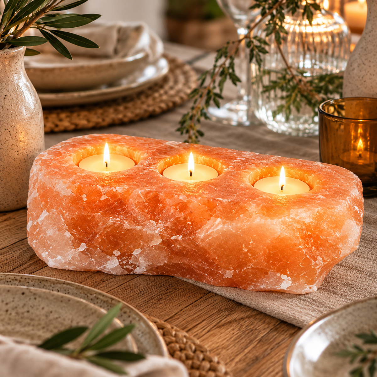 Himalayan Salt Triple Tealight Holder | Natural Pink - Crystal Nest