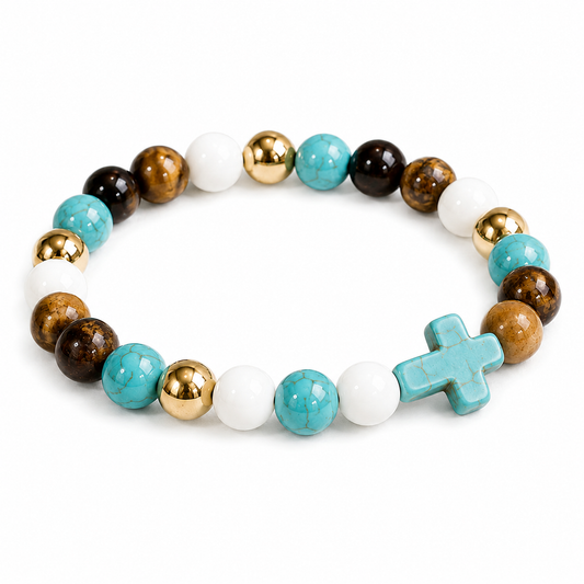 Turquoise Cross & Royal Bead Bracelet | Calmness & Courage