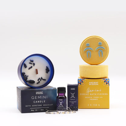 Gemini Zodiac Magic Bundle | Candle, Bath Fizzers & Fragrance Oil Gift Set - Crystal Nest