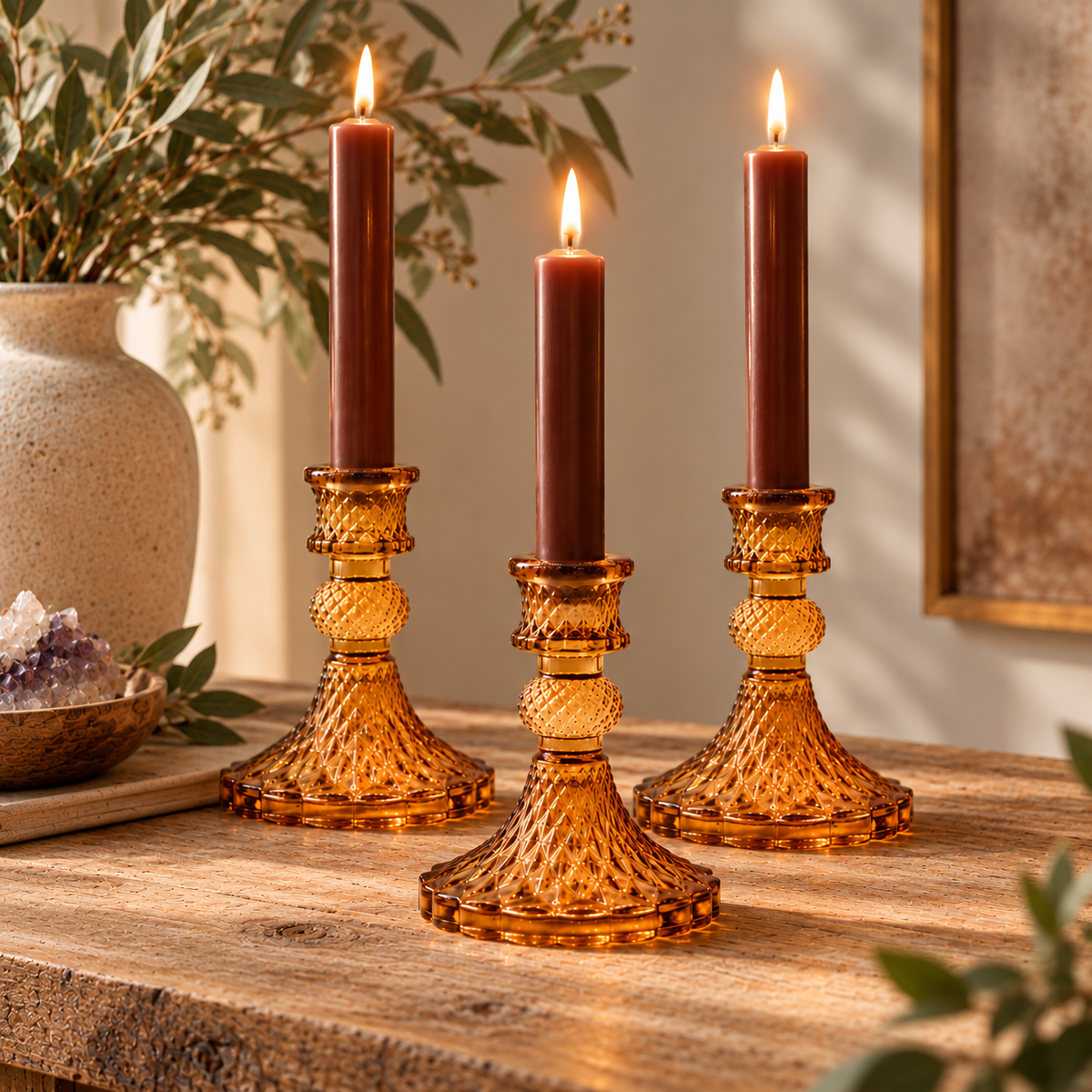 Vintage Antique Amber Glass Taper Candle Holder
