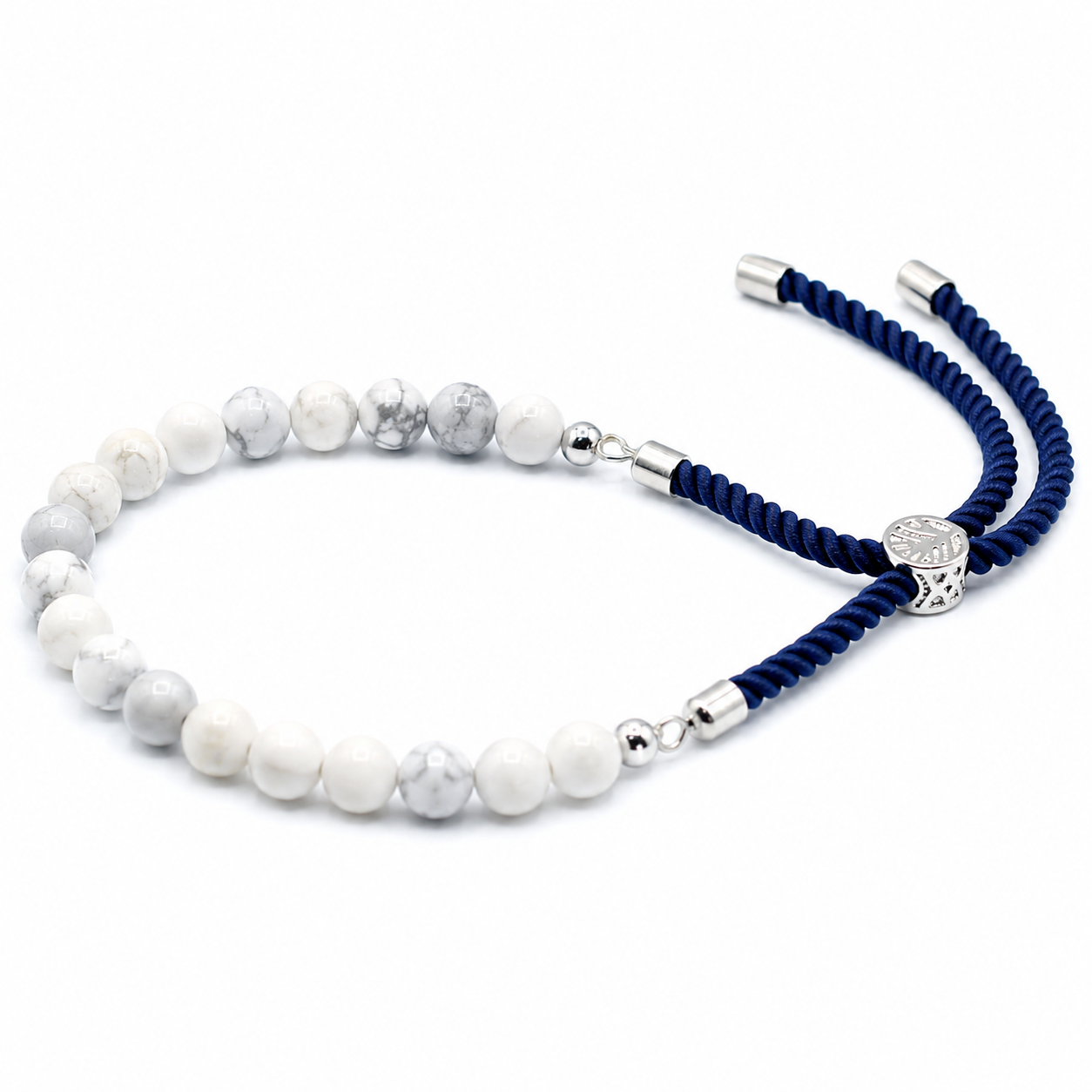 White Howlite Gemstone String Bracelet | Navy Cord & 925 Silver Plated