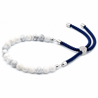 White Howlite Gemstone String Bracelet | Navy Cord & 925 Silver Plated