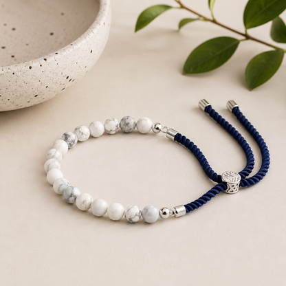 White Howlite Gemstone String Bracelet | Navy Cord & 925 Silver Plated