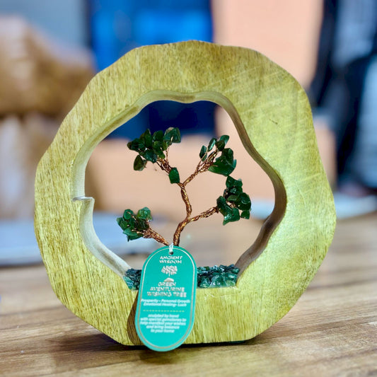Green Aventurine Gemstone Tree Garden | Mango Wood Ring | Luck & Prosperity - Crystal Nest