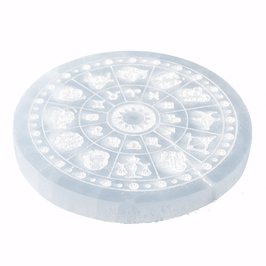 Selenite Charging Disc with Etched Zodiac Wheel Design | 10cm - Crystal Nest